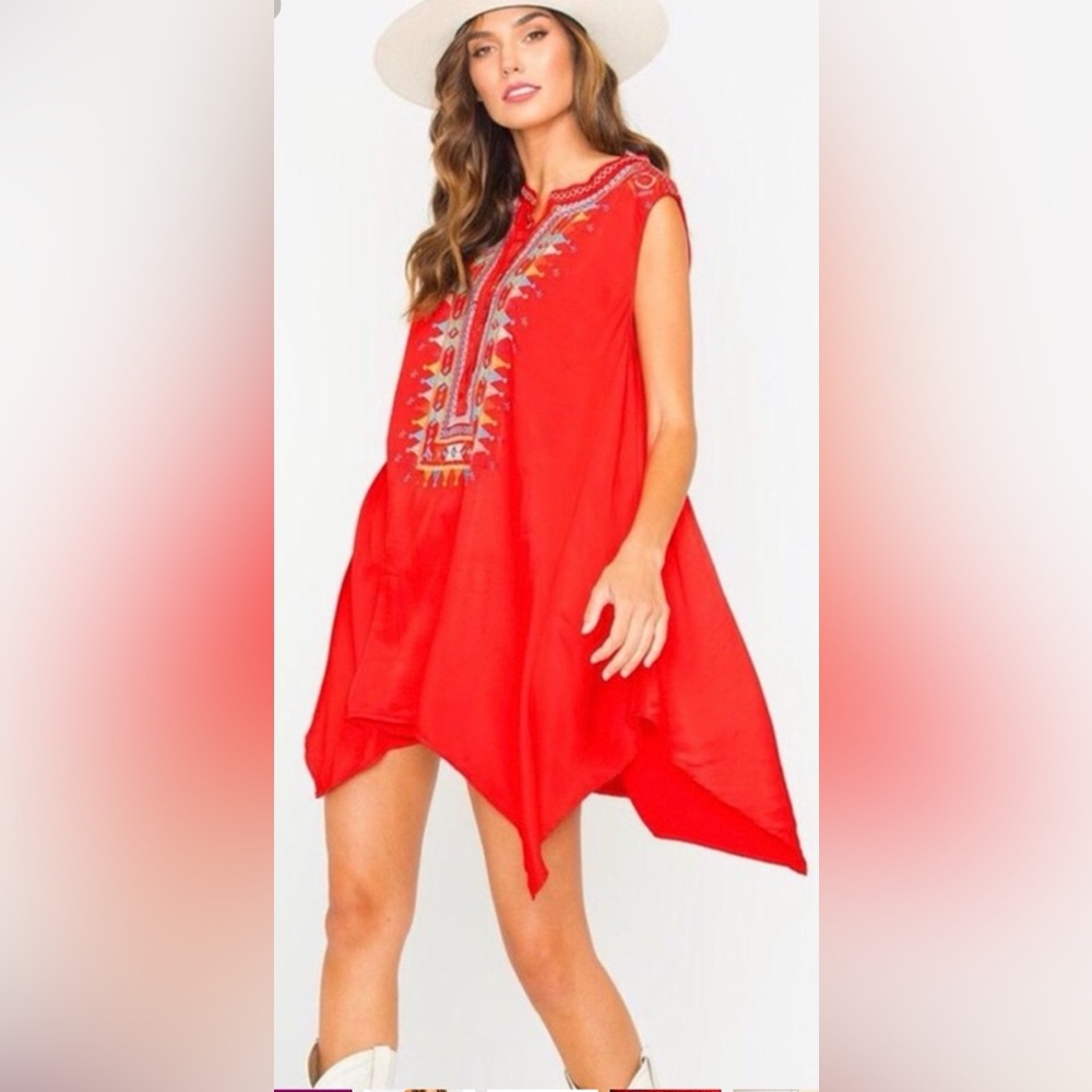 Johnny Was Biya Red Crinkle Satin Versairo Embroidered Button Tunic Dress Size L